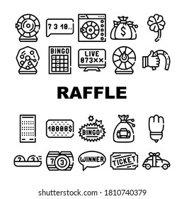 Raffle Lottery Game Collection Icons Set Vector. Raffle Car And Win Money Gambling, Bingo Card And Kegs, Wheel Of Fortune And Ticket Concept Linear Pictograms. Contour Illustrations