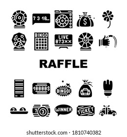 Raffle Lottery Game Collection Icons Set Vector. Raffle Car And Win Money Gambling, Bingo Card And Kegs, Wheel Of Fortune And Ticket Concept Linear Pictograms. Contour Illustrations