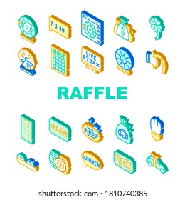 Raffle Lottery Game Collection Icons Set Vector. Raffle Car And Win Money Gambling, Bingo Card And Kegs, Wheel Of Fortune And Ticket Concept Linear Pictograms. Contour Illustrations