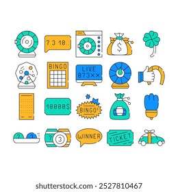 Raffle Lottery Coleção de Ícones Conjunto Vetor. Raffle Carro E Ganhar Dinheiro Jogos De Azar, Cartão De Bingo E Barris, Roda Da Fortuna E Bilhete De Ilustrações De Contorno De Cor