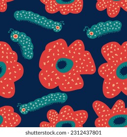 Rafflesia the biggest flower in the world and tropical millipedes seamless pattern. Perfect print for tee, paper, textile and fabric. Summer vector illustration for decor and design.