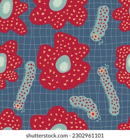 Flores Rafflesia y milépidos de patrón sin fisuras en el fondo de la cuadrícula trippy. Impresión perfecta para tee, papel, textiles y tela. Ilustración vectorial de verano para la decoración y el diseño.
