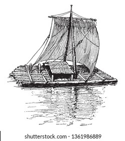 Raft es cualquier estructura plana para soporte o transporte sobre el agua, dibujo de líneas vintage o ilustración de grabado.
