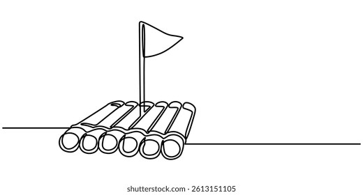 raft continuous one line drawing, Inflatable Boat Line Icon. Editable Stroke, Chinese villager rafting on Quây Son river, Bamboo raft floating in the sea, Phuket, Thailand, wooden raft made of logs.