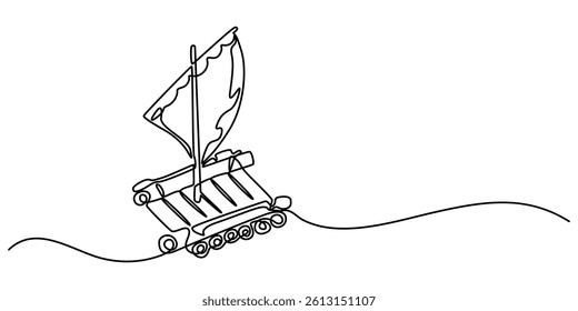 raft continuous one line drawing, Inflatable Boat Line Icon. Editable Stroke, Chinese villager rafting on Quây Son river, Bamboo raft floating in the sea, Phuket, Thailand, wooden raft made of logs.