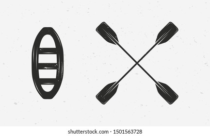 Raft and paddles silhouettes isolated on white background. Vector extreme water sport icons.