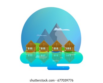Raft Resort with the kayak. Mountain Scenery. Vector Flat Illustration,