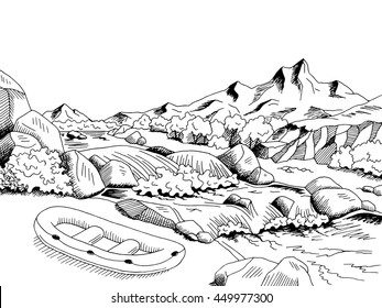 Raft river mountain boat graphic art black white landscape sketch illustration vector