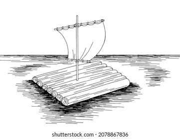 Raft sea graphic black white seascape sketch illustration vector