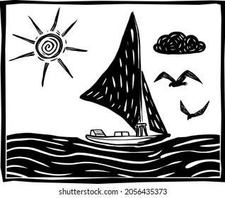 Raft at sea in woodcut style. Northeast Brazil culture