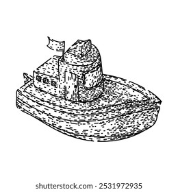 bote de brinquedo puxado à mão. rebocador cruzador, catamarã remo, barco a vapor rascunho vetor barco de brinquedo. ilustração preta isolada