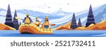 Rafting adventure family outdoors mountain river landscape. Three people in a raft paddling on a river surrounded by mountains and pine trees. Bright colors and scenic background. Web banner