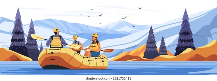 Rafting adventure family outdoors mountain river landscape. Three people in a raft paddling on a river surrounded by mountains and pine trees. Bright colors and scenic background. Web banner