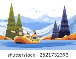 Rafting adventure in mountain river scenic landscape. Three people in yellow raft paddling through water surrounded by pine trees and mountains under blue sky