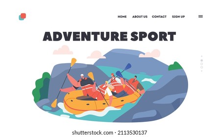 Rafting Adventure Sport Landing Page Template. Sportsmen Rowing in Rubber Boat Down the Rocky Mountain River. Water Fun on Vacation, Tourists Extreme Activity. Cartoon People Vector Illustration