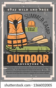 Rafting adventure training courses club and school. Vector vintage poster of rafting boat with paddles and rafter safety vest equipment, outdoor summer camp and sport activity