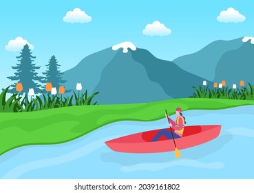 Rafting Background Flat Cartoon Vector Illustration With People do Activity Water Sports in the Middle of the Lake, Canoeing, Sitting in Boat and Holding Paddles