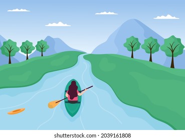 Rafting Background Flat Cartoon Vector Illustration With People do Activity Water Sports in the Middle of the Lake, Canoeing, Sitting in Boat and Holding Paddles