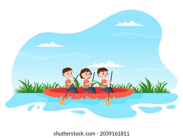 Rafting Background Flat Cartoon Vector Illustration With People do Activity Water Sports in the Middle of the Lake, Canoeing, Sitting in Boat and Holding Paddles