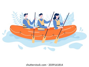 Rafting Background Flat Cartoon Vector Illustration With People do Activity Water Sports in the Middle of the Lake, Canoeing, Sitting in Boat and Holding Paddles