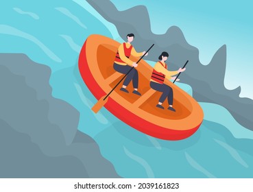 Rafting Background Flat Cartoon Vector Illustration With People do Activity Water Sports in the Middle of the Lake, Canoeing, Sitting in Boat and Holding Paddles