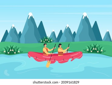 Rafting Background Flat Cartoon Vector Illustration With People do Activity Water Sports in the Middle of the Lake, Canoeing, Sitting in Boat and Holding Paddles