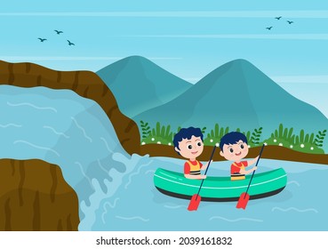 Rafting Background Flat Cartoon Vector Illustration With People do Activity Water Sports in the Middle of the Lake, Canoeing, Sitting in Boat and Holding Paddles