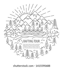 Rafting banner in linear style. Rafting tour template with pleace for text. Vector illustration