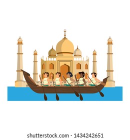 rafting in barge people paddling in front of the taj mahal icon cartoon vector illustration graphic design