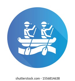 Rafting blue flat design long shadow glyph icon. Watersport, extreme kind of sport. Recreational outdoor activity and hobby. Risky and adventurous leisure on rough water.Vector silhouette illustration