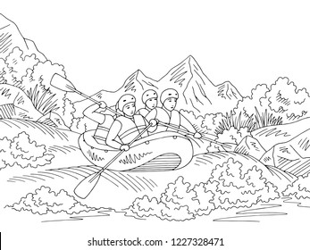 Rafting boat travel graphic black white landscape sketch illustration vector