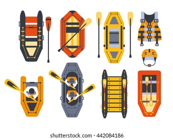 Rafting Boats And Gear Set Flat Simplified Cartoon Style Bright Color Vector Illustration On White Background