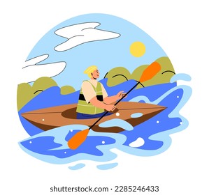 Rafting in canoe. Man sailing on boat with oar in his hands. Young guy goes in for extreme sport. Active lifestyle and outdoor leisure. Character sitting in boat. Cartoon flat vector illustration