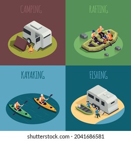 Rafting canoeing recreation sport isometric compositions with camping campfire tent camper fishing paddling downstream kayakers vector illustration