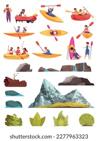 Rafting cartoon icons set with river and mountain extreme sport activities isolated vector illustration