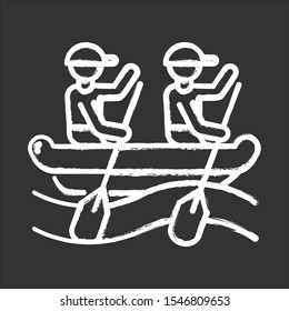 Rafting chalk icon. Watersport, extreme kind of sport. Recreational outdoor activity and hobby. Risky and adventurous leisure. Boat, paddle and helmet. Isolated vector chalkboard illustration