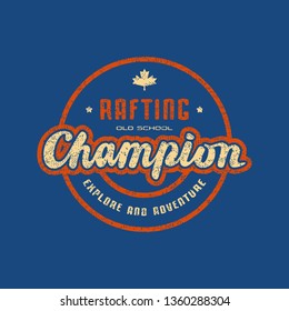 Rafting champion emblem for t-shirt. Graphic design on the theme of camping, tourism and active lifestyle. Color print on blue background