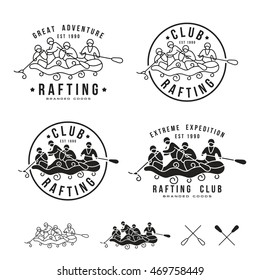 Rafting club emblem and design elements. Black print on white background