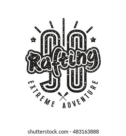 Rafting club emblem in retro style. Graphic design for t-shirt. Black print on white background