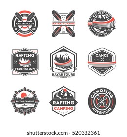 Rafting club label. Kayak tour promotion emblem. Retro rafting camping logo. Vintage badge for canoe sportive federation isolated on white background vector illustration. Extreme dangerous water sport