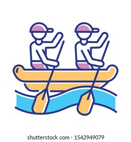 Rafting color icon. Watersport, extreme kind of sport. Recreational outdoor activity and hobby. Risky and adventurous leisure on rough water. Boat, paddle and helmet. Isolated vector illustration