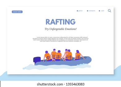 Rafting color landing page template with copyspace. Extreme kinds of sports web banner vector layout. Active entertainments for tourists. Back view of characters in boat wearing safety jackets
