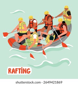 Rafting down the river. Vector cartoon illustration of characters sitting in a rubber boat and rowing through the water.Man and woman in vests and helmets. Active recreation and adventure concept.