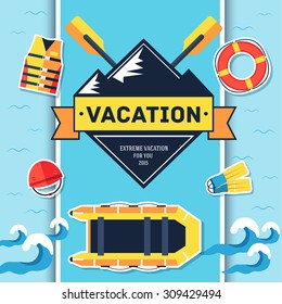 Rafting elements on blue background poster in sticker style design. illustration template card concept 