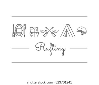Rafting equipment icon collection.  Outdoors style, thin line monochrome design. Stylish elements for web, mobile applications, banners, flyers, posters, brochures. Vector illustration