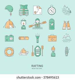Rafting equipment line icon collection. Outdoors style, thin line color design. Stylish elements for web, mobile applications, banners, flyers, posters, brochures. Vector illustration