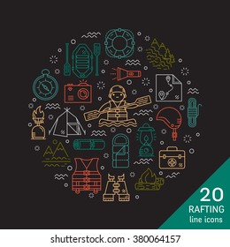 Rafting equipment line icon collection. Outdoors style, thin line color design. Stylish elements for web, mobile applications, banners, flyers, posters, brochures. Vector illustration