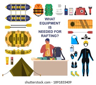 Rafting equipment and protective gear set, flat vector isolated illustration. Rubber raft inflatable boat, paddles, kayak, tent, suit, helmet, gloves, first aid kit, inflatable life jacket, backpack.