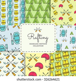 Rafting equipment seamless pattern collection. Outdoors style, thin line color design. Stylish elements for web, mobile applications, banners, flyers, posters, brochures. Boat, life jacket. Vector.