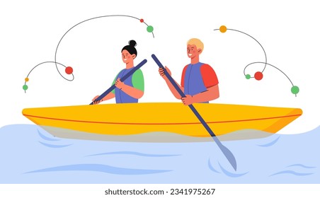 El concepto de deporte extremo. Hombre y mujer con remos en canoa. Estilo de vida activo y deportes acuáticos extremos. Gente en río o lago. Paddle y kayak, canoa. Dibujo vectorial plano de dibujos animados